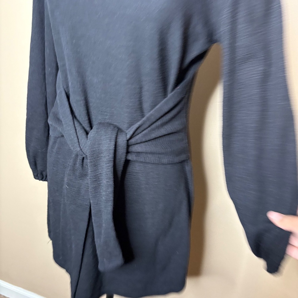 R Vivimos Black Textured Tie Waist Long Sleeve Mini Dress Women Size L 12 14 - Picture 4 of 7